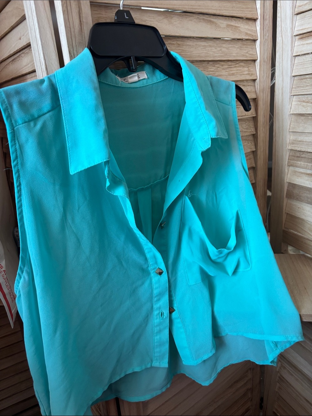 Active Junior Sheer Sleeveless Button-Front Blouse Sea Foam Green Large